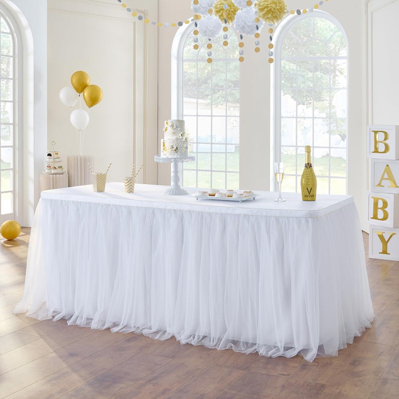 NSSONBEN 167in White Tulle Table Skirts for Rectangle Tables 6ft 8ft, 2-Layer Gold Grim Ruffle Tulle Tutu Cloth Table Skirt 14ft Long for Wedding Birthday Party Baby Shower Cake Dessert Tables(No Table Cover) - Image 3